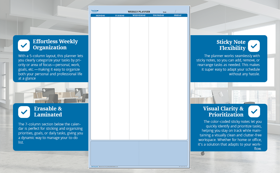 Weekly 5 Column Dry-Erasable Sticky-Note Task and Goals Planner