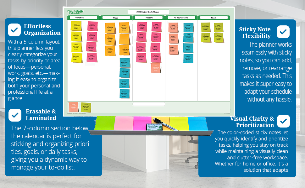5-Column Dry-Erasable Sticky-Note Task & Goals Planner Kit with Customizable Headings