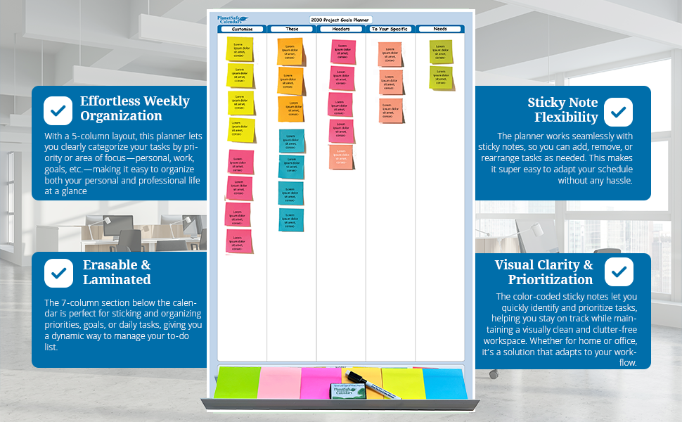 5-Column Dry-Erasable Sticky-Note Task & Goals Planner Kit with Customizable Headings