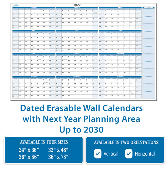 Dated Erasable Wall Calendars with Next Year Planning Area up to 2030