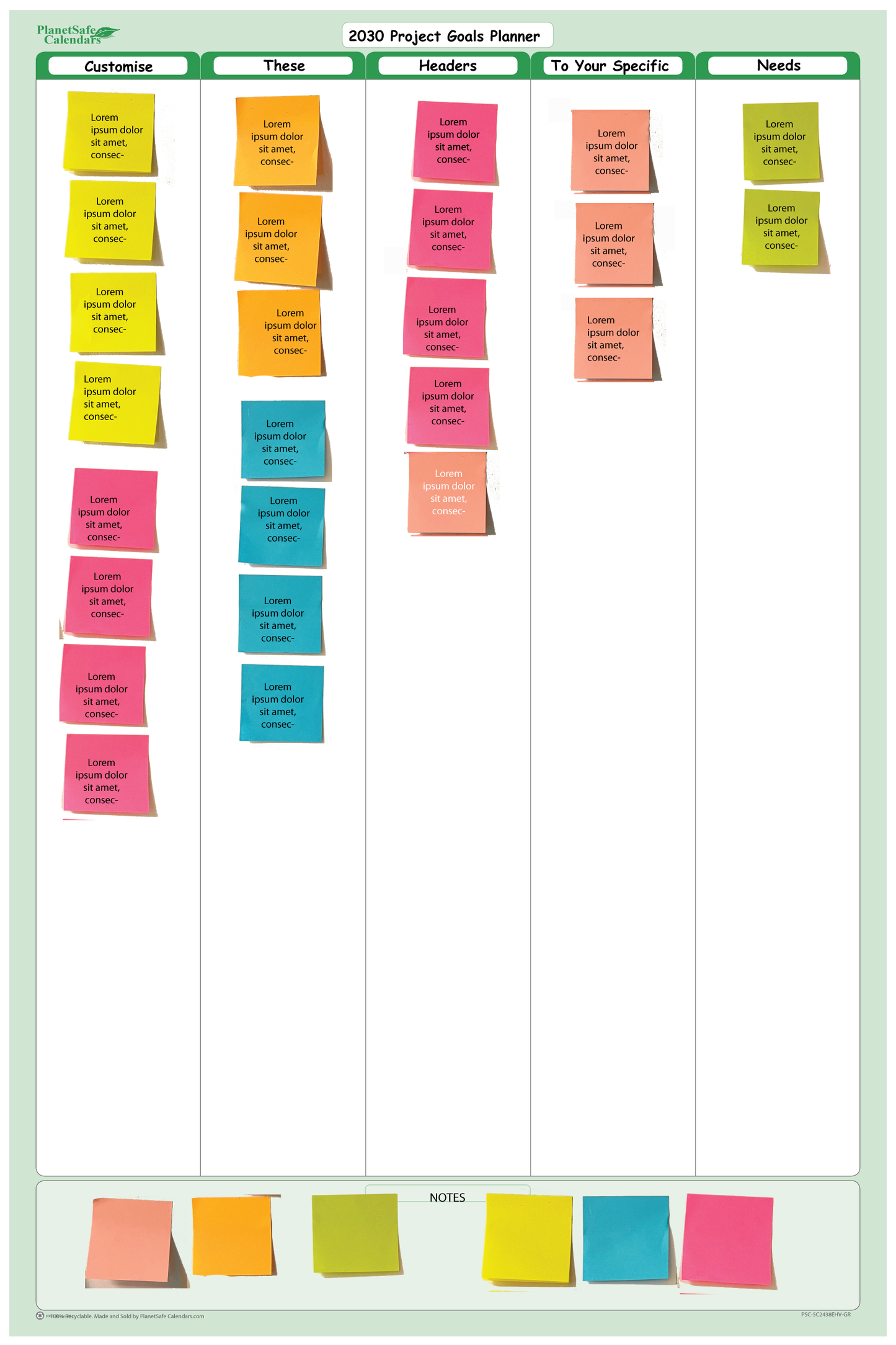 5-Column Dry-Erasable Sticky-Note Task & Goals Planner Kit with Customizable Headings