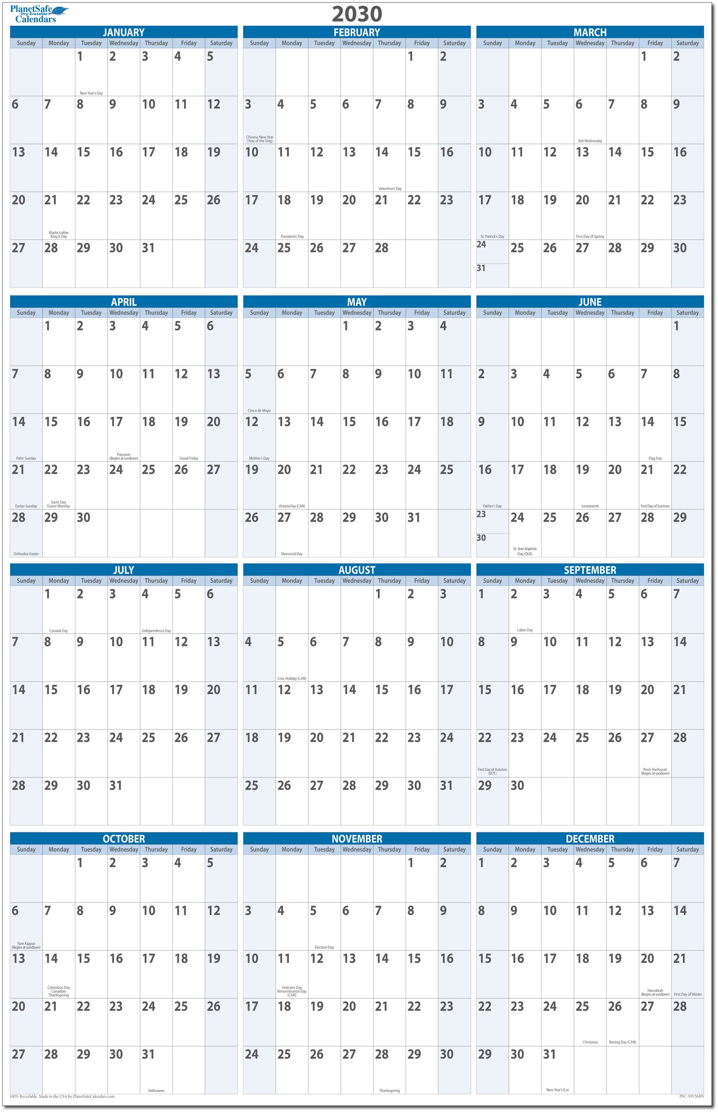 Dated Erasable Wall Calendars up to 2030